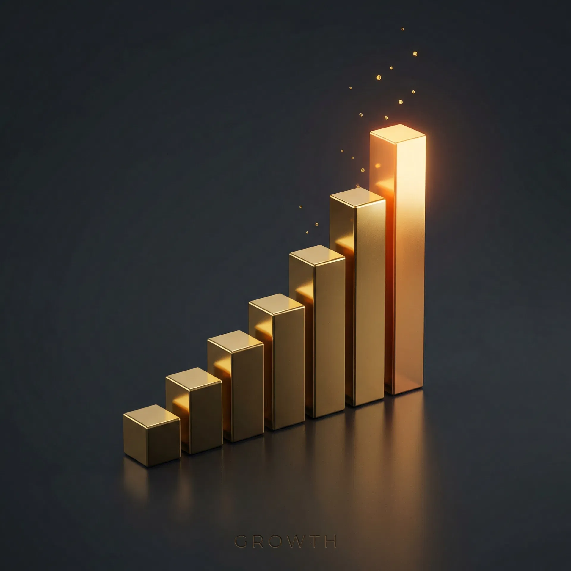 A rising staircase of golden bars glowing in the dark, illustrating index-linked growth that locks in each year.