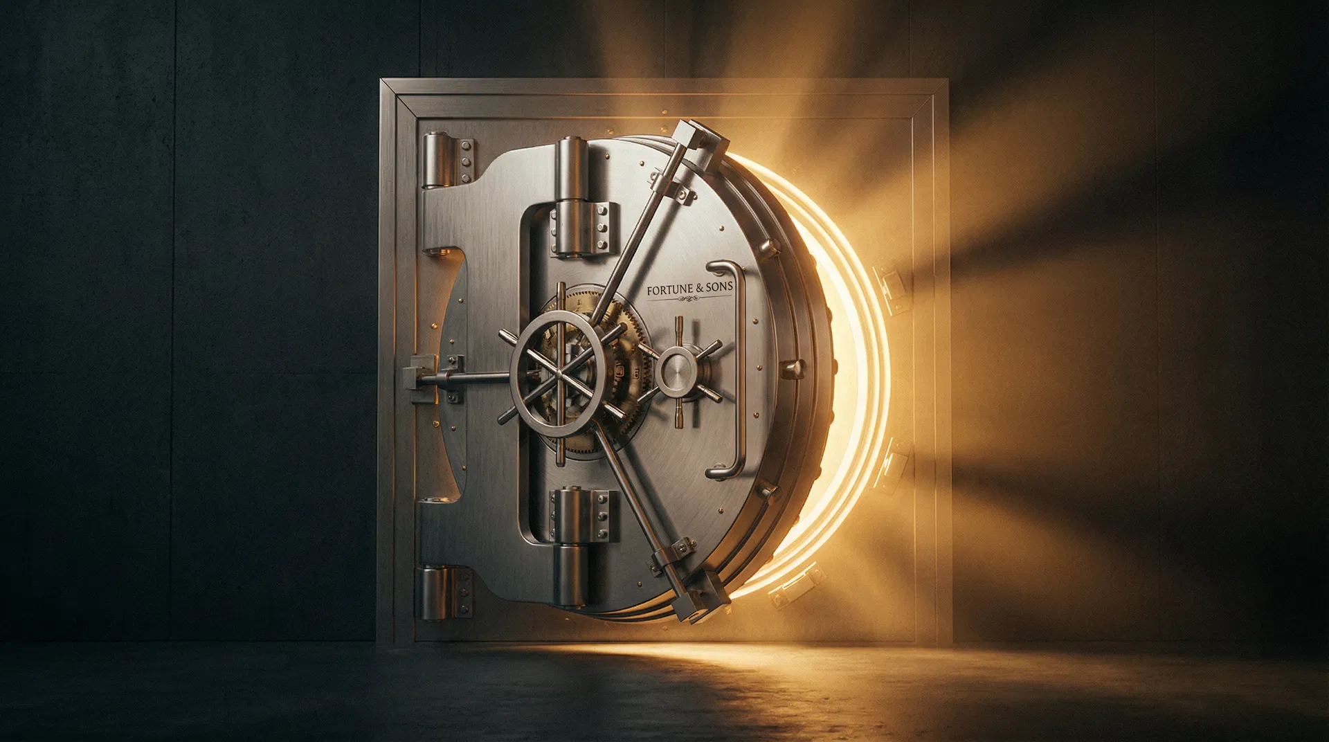 A polished bank vault door swinging open to reveal warm golden light — symbolizing secured, protected retirement savings.