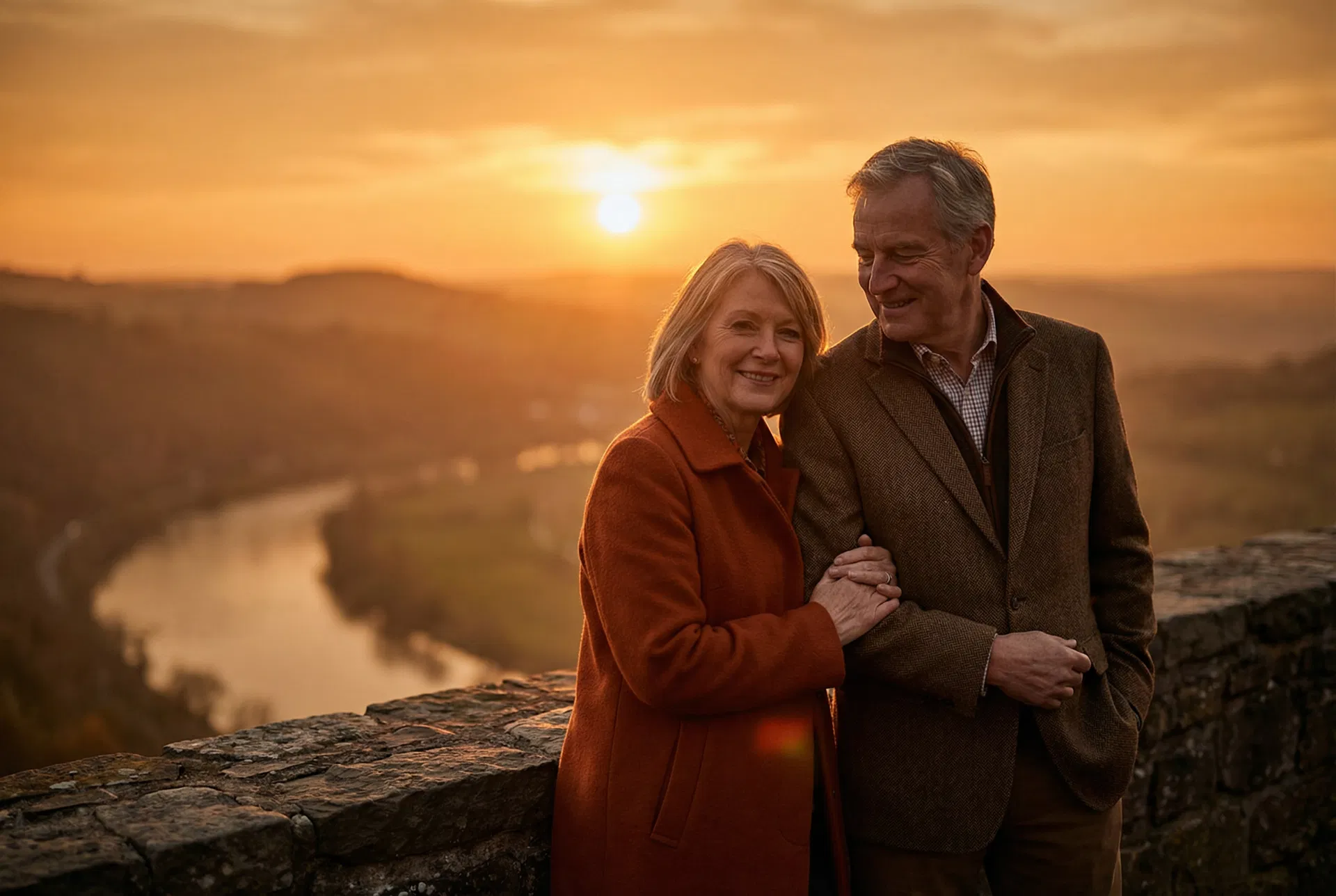 A retired couple embracing at a scenic overlook at golden sunset, calm and secure.